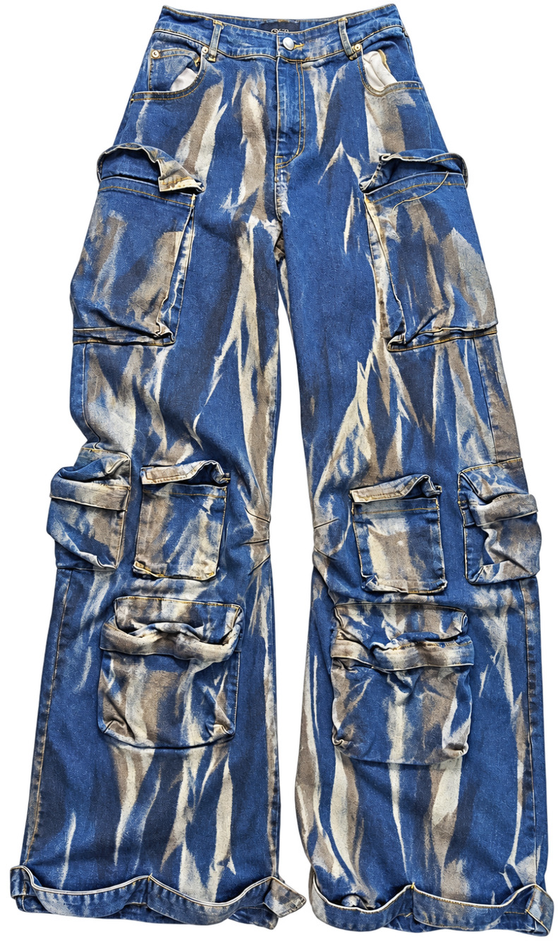 Cherie Los Angeles Cargo Jeans Tie Dye Acid Wash Wide Leg Pocket Y2K High Rise